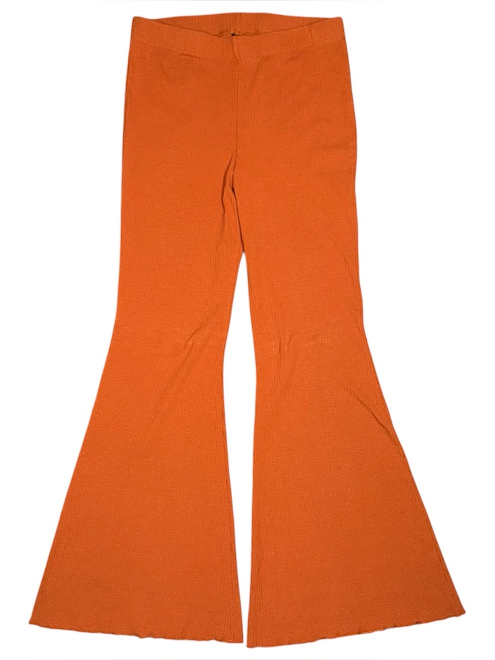 Burnt Orange Ribbed Flare Pull On Pants Sz M Stretch Knit 70s Retro Hippie Boho